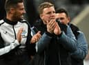 Eddie Howe applauds fans after Newcastle United's Carabao Cup win over Leicester City this month.