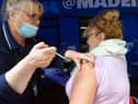 Kathleen Brown receives her covid booster vaccination at the covid bus in King Street, South Shields, in October 2021.