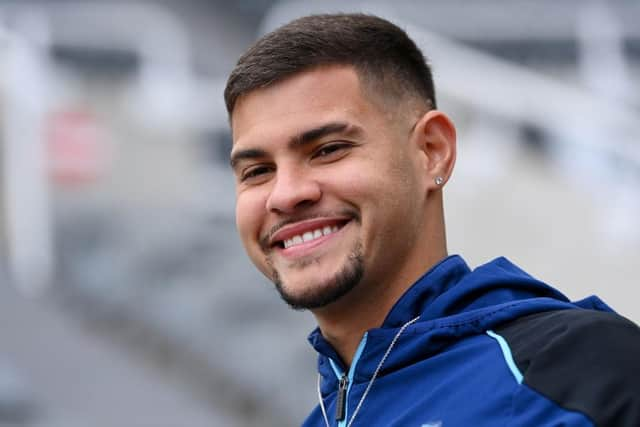 Bruno Guimaraes of Newcastle United arrives at the stadium prior to the Premier League match between Newcastle United and Manchester City at St. James Park on August 21, 2022 in Newcastle upon Tyne, England. (Photo by Stu Forster/Getty Images)