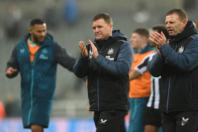 Newcastle United head coach Eddie Howe and assistant Graeme Jones applaud the fans after the goalless draw against Leeds United.