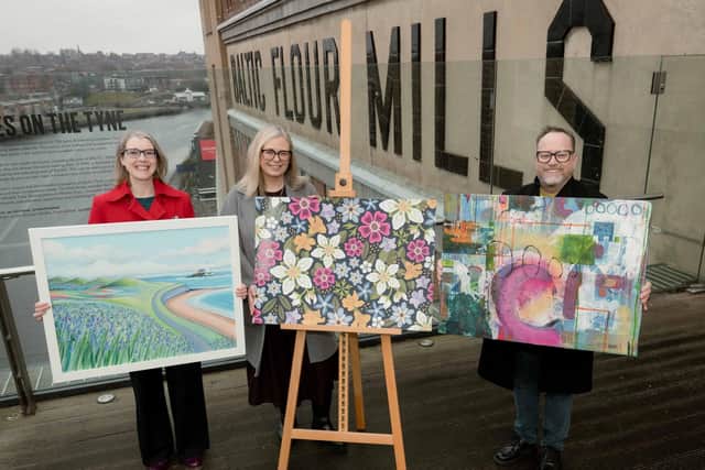 L-R Joanne Wishart, Lisa Kirkbride and Barrie Watson display their artwork at the Baltic