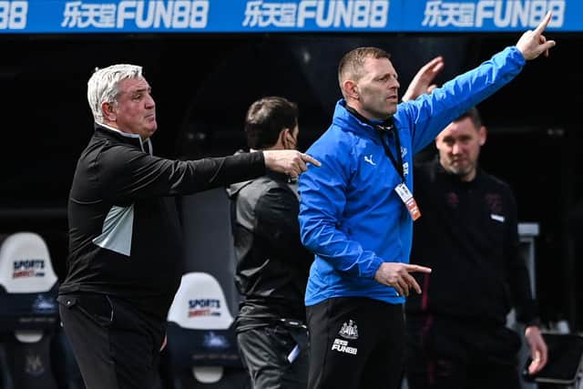 Newcastle United's English head coach Steve Bruce (L) gestures during the English Premier League football match between Newcastle United and West Ham United at St James' Park in Newcastle-upon-Tyne, north east England on April 17, 2021.