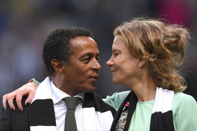 Newcastle co-owner Amanda Staveley with director Majed Al Sorour on a pitch walk during half time during the Premier League match between Newcastle United and Arsenal at St. James Park on May 16, 2022 in Newcastle upon Tyne, England. (Photo by Stu Forster/Getty Images)