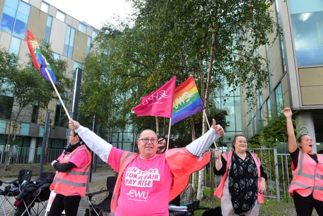 BT- Harton Quay staff and CWU officials picket line. 