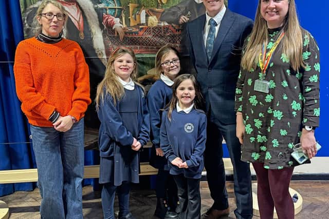 ART ROAD TRIP … arts facilitators Jo and Alex with headteacher Tim Shenton and pupils Zoey Higgins, Ella Higgins and Summer Ramsey