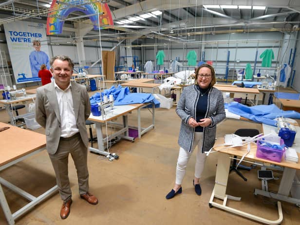Anne-Marie Trevelyan, MP for Berwick upon Tweed, visits the Northumbria Healthcare NHS Foundation Trust personal protective equipment factory in Cramlington where she met volunteers and joined in with making PPE for the NHS. She was accompanied on the visit by Paul Dunn, Executive Director of Finance for the trust.