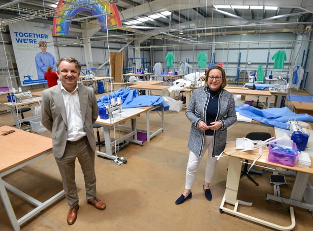 Anne-Marie Trevelyan, MP for Berwick upon Tweed, visits the Northumbria Healthcare NHS Foundation Trust personal protective equipment factory in Cramlington where she met volunteers and joined in with making PPE for the NHS. She was accompanied on the visit by Paul Dunn, Executive Director of Finance for the trust.