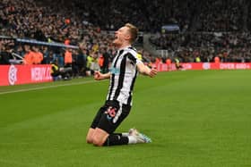 Sean Longstaff celebrates after scoring the first Newcastle goal during the Carabao Cup Semi Final 2nd Leg match between Newcastle United and Southampton at St James' Park on January 31, 2023 in Newcastle upon Tyne, England. (Photo by Stu Forster/Getty Images)