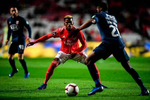 Benfica's midfielder Florentino Luis (C) challenges Belenenses' Maroccan defender Zakarya Bergdich (R) during the Portuguese League football match SL Benfica vs Belenenses SAD at Luz stadium in Lisbon on March 11, 2019. (Photo by PATRICIA DE MELO MOREIRA / AFP) (Photo credit should read PATRICIA DE MELO MOREIRA/AFP via Getty Images)