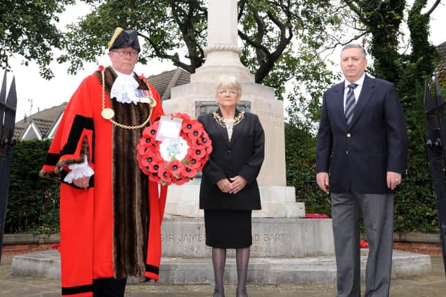 The Mayor of South Tyneside Councillor Norman Dick, Mayoress Mrs Jean Williamson and council leader Iain Malcom mark VJ Day by laying a wreath at Westoe war memorial, South Shields.