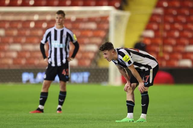 Newcastle United's Joe White catches his breath at Oakwell.