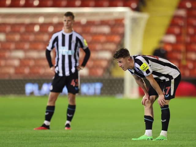Newcastle United's Joe White catches his breath at Oakwell.