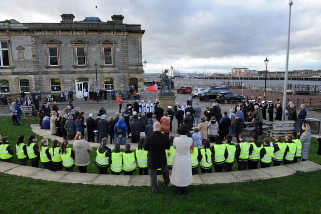 South Tyneside Council Leader Cllr Tracey Dixon attends Armistice Day Service at the Misson to Seafarer's Seamans Memorial, Mill Dam, South Shields.