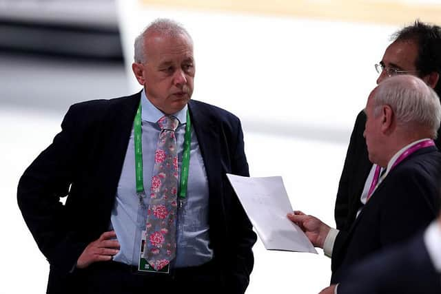 ZURICH, SWITZERLAND - FEBRUARY 26:  Greg Dyke (R), Chairman of the England Football Association talks to Rick Parry after the results of the first vote during the Extraordinary FIFA Congress at Hallenstadion on February 26, 2016 in Zurich, Switzerland.  (Photo by Richard Heathcote/Getty Images)