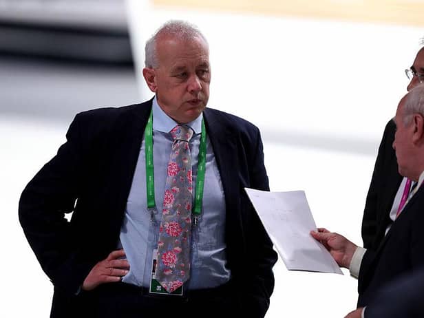 ZURICH, SWITZERLAND - FEBRUARY 26:  Greg Dyke (R), Chairman of the England Football Association talks to Rick Parry after the results of the first vote during the Extraordinary FIFA Congress at Hallenstadion on February 26, 2016 in Zurich, Switzerland.  (Photo by Richard Heathcote/Getty Images)