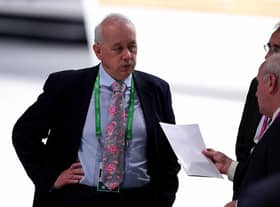 ZURICH, SWITZERLAND - FEBRUARY 26:  Greg Dyke (R), Chairman of the England Football Association talks to Rick Parry after the results of the first vote during the Extraordinary FIFA Congress at Hallenstadion on February 26, 2016 in Zurich, Switzerland.  (Photo by Richard Heathcote/Getty Images)