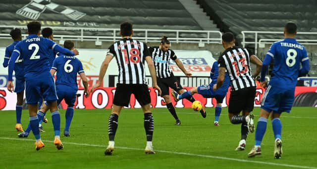 Andy Carroll scores his first Newcastle United goal in more than 10 years.