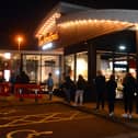 Customers queue for the new Tim Hortons drive-thru to open at Boldon Leisure Park, Boldon Colliery.