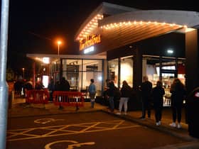 Customers queue for the new Tim Hortons drive-thru to open at Boldon Leisure Park, Boldon Colliery.