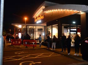 Customers queue for the new Tim Hortons drive-thru to open at Boldon Leisure Park, Boldon Colliery.