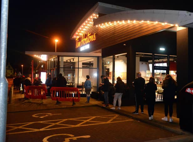 Customers queue for the new Tim Hortons drive-thru to open at Boldon Leisure Park, Boldon Colliery.