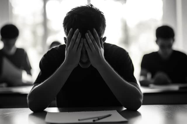 A young person getting stressed during an exam can be a common occurrence. Photo posed by a model