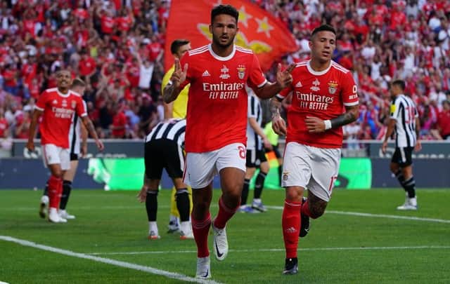 Goncalo Ramos of SL Benfica celebrates after scoring a goal during the Eusebio Cup match between SL Benfica and Newcastle United at Estadio da Luz on July 26, 2022 in Lisbon, Portugal.  (Photo by Gualter Fatia/Getty Images)