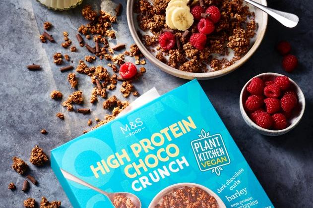 'Plant-based rich chocolate oat and barley crunch with soya protein crispies and dark chocolate curls'