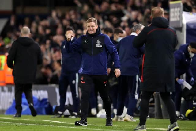 Eddie Howe, Manager of Newcastle United celebrates after their sides victory during the Premier League match between Leeds United and Newcastle United at Elland Road on January 22, 2022 in Leeds, England. (Photo by George Wood/Getty Images)