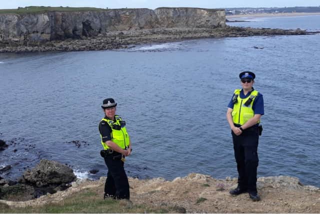 PC Joanne Pepper and CSO Callum Thompson on patrol at Frenchman’s Bay in South Shields after emergency services issue a warning not to jump off cliffs.