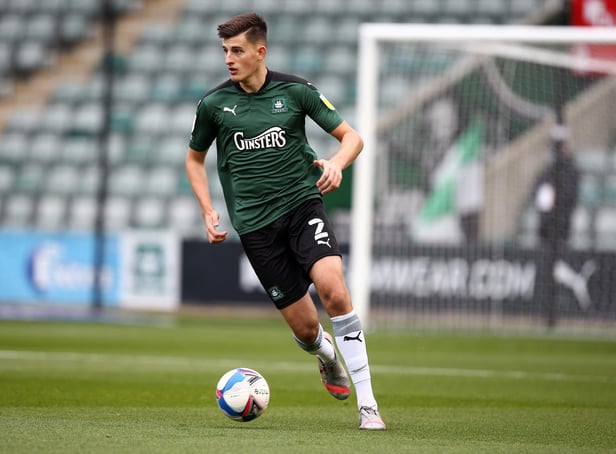 PLYMOUTH, ENGLAND - OCTOBER 17:  Kell Watts of Plymouth Argyle in action during the Sky Bet League One match between Plymouth Argyle and Northampton Town at Home Park on October 17, 2020 in Plymouth, England. (Photo by Pete Norton/Getty Images)