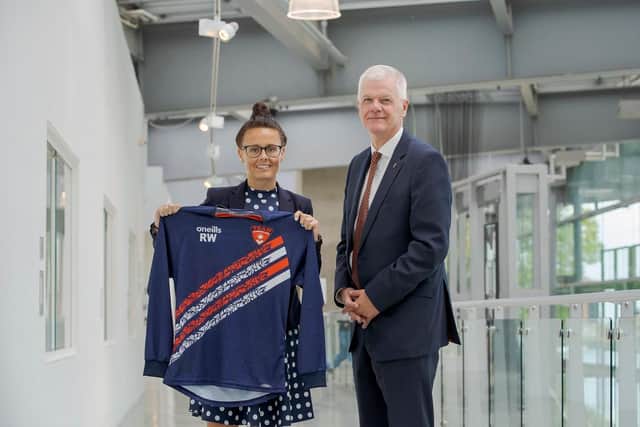 Rebecca Welch, the first woman to take charge of an English Football League match, alongside University of Sunderland Vice Chancellor Sir David Bell.
Picture: DAVID WOOD