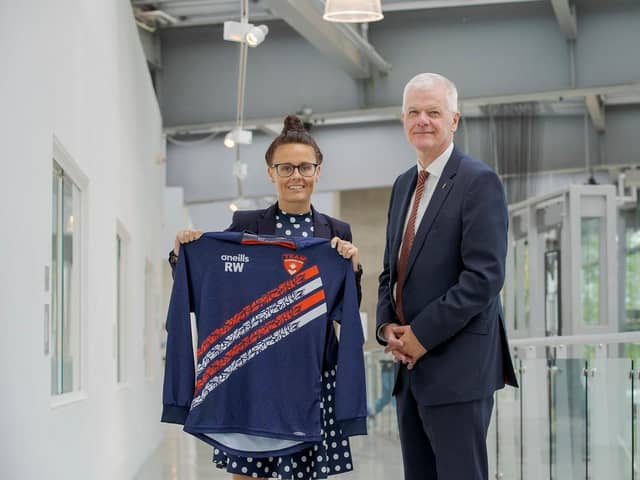 Rebecca Welch, the first woman to take charge of an English Football League match,  alongside University of Sunderland Vice Chancellor Sir David Bell.

Picture: DAVID WOOD