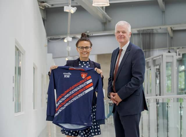 Rebecca Welch, the first woman to take charge of an English Football League match,  alongside University of Sunderland Vice Chancellor Sir David Bell.

Picture: DAVID WOOD