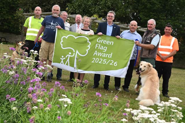 Councillors Ernest Gibson and Paul Dean with Friends of Readhead Park, South Shields, celebrating their Green Flag Award.