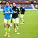 Jamal Lewis of Newcastle United warms up prior to the Premier League match between Everton and Newcastle United at Goodison Park on January 30, 2021 in Liverpool, England.