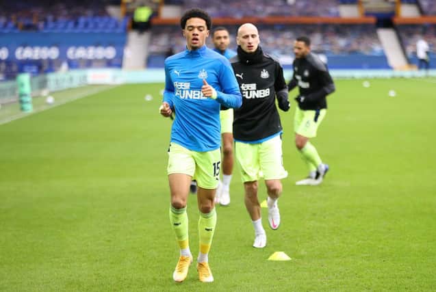 Jamal Lewis of Newcastle United warms up prior to the Premier League match between Everton and Newcastle United at Goodison Park on January 30, 2021 in Liverpool, England.
