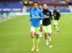 Jamal Lewis of Newcastle United warms up prior to the Premier League match between Everton and Newcastle United at Goodison Park on January 30, 2021 in Liverpool, England.