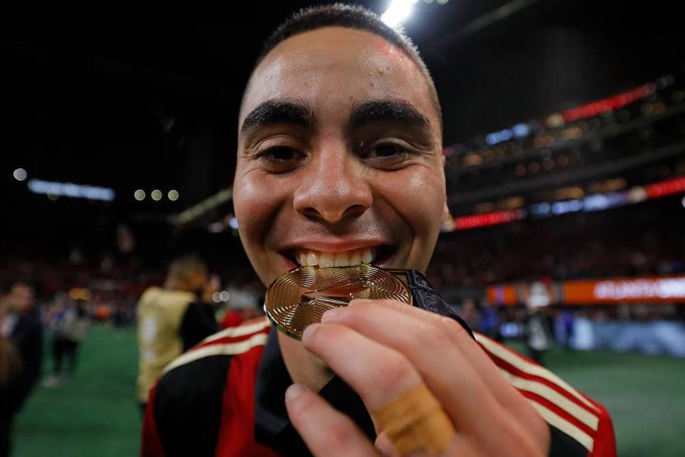 Miguel Almiron of Atlanta United celebrates their 2-0 win over the Portland Timbers during the 2018 MLS Cup between Atlanta United and the Portland Timbers (Photo by Kevin C. Cox/Getty Images)