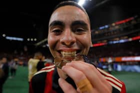 Miguel Almiron of Atlanta United celebrates their 2-0 win over the Portland Timbers during the 2018 MLS Cup between Atlanta United and the Portland Timbers (Photo by Kevin C. Cox/Getty Images)