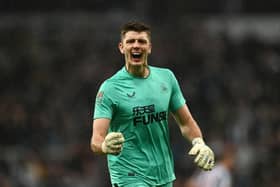 Nick Pope of Newcastle United celebrates after teammate Sean Longstaff scored their side's second goal during the Carabao Cup Semi Final 2nd Leg match between Newcastle United and Southampton at St James' Park on January 31, 2023 in Newcastle upon Tyne, England. (Photo by Gareth Copley/Getty Images)