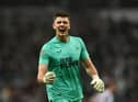 Nick Pope of Newcastle United celebrates after teammate Sean Longstaff scored their side's second goal during the Carabao Cup Semi Final 2nd Leg match between Newcastle United and Southampton at St James' Park on January 31, 2023 in Newcastle upon Tyne, England. (Photo by Gareth Copley/Getty Images)