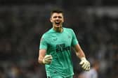 Nick Pope of Newcastle United celebrates after teammate Sean Longstaff scored their side's second goal during the Carabao Cup Semi Final 2nd Leg match between Newcastle United and Southampton at St James' Park on January 31, 2023 in Newcastle upon Tyne, England. (Photo by Gareth Copley/Getty Images)