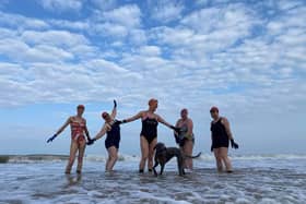 Sarah Thorell pictured with Helen Collins Lindy Woodrow Alison Symonds Norma Thompson along with Kipper the dog.