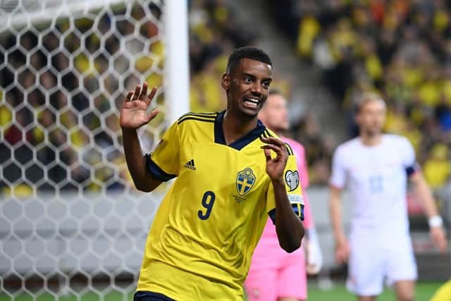 Sweden's forward Alexander Isak reacts during the FIFA World Cup Qualifier football match Sweden vs Czech Republic in Solna, on March 24, 2022. (Photo by Jonathan NACKSTRAND / AFP) (Photo by JONATHAN NACKSTRAND/AFP via Getty Images)