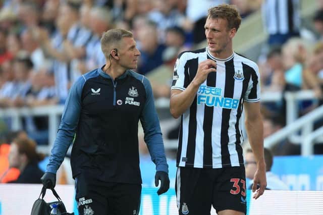 Dan Burn was substituted after taking a blow to the face against Manchester City (Photo by LINDSEY PARNABY/AFP via Getty Images)
