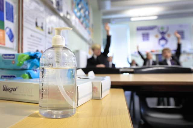 Hand sanitiser in a classroom after schools reopened