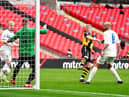Hebburn Town's Thomas Potter (centre) shoots towards goal during the Buildbase FA Vase 2019/20 Final at Wembley Stadium, London. PA picture.