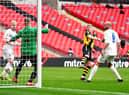 Hebburn Town's Thomas Potter (centre) shoots towards goal during the Buildbase FA Vase 2019/20 Final at Wembley Stadium, London. PA picture.