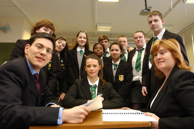Pupils were pictured with David Miliband and St Wilfrid's head teacher Christine Wright during this drama lesson in 2005.
